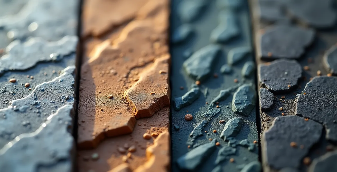 Vue macro détaillée de l'interaction laser sur différentes textures de pierre naturelle