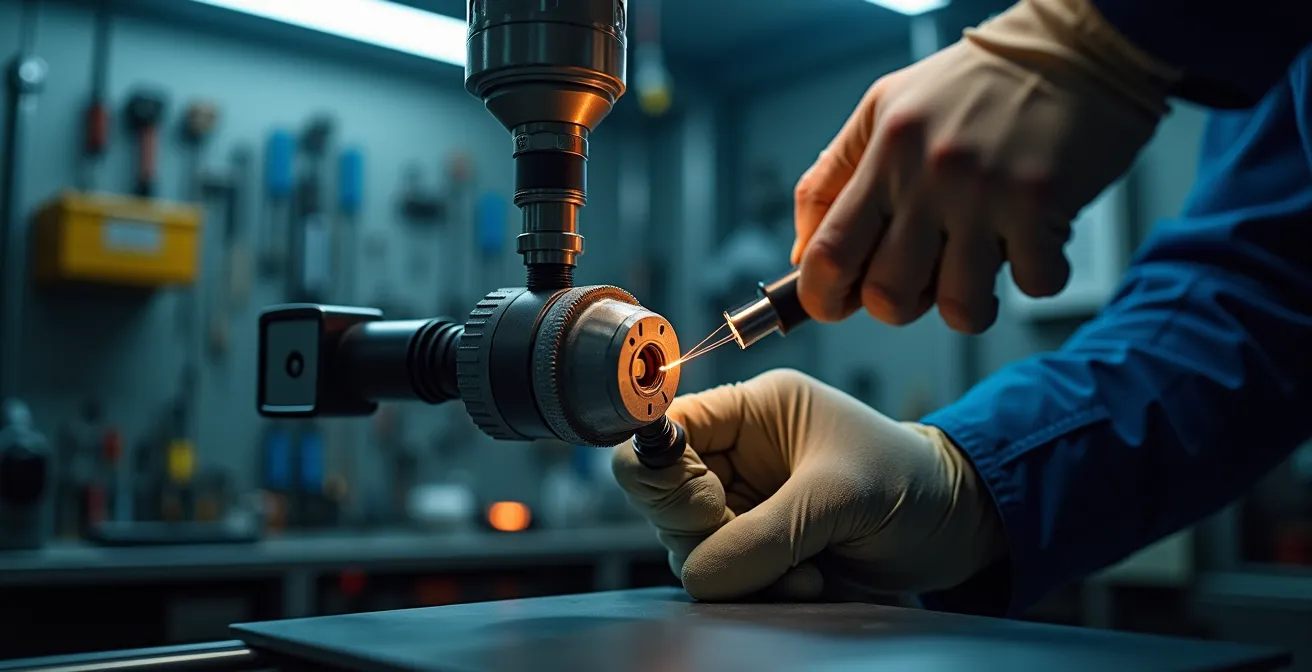 Technicien effectuant la maintenance préventive d'une tête laser industrielle