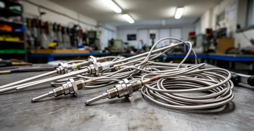 Différents types de capteurs de température industriels posés sur établi