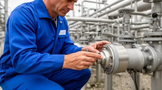 Technicien industriel inspectant un capteur de température monté sur tuyauterie