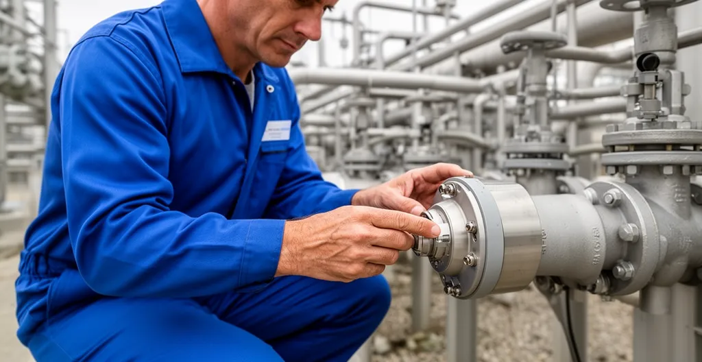 Technicien industriel inspectant un capteur de température monté sur tuyauterie