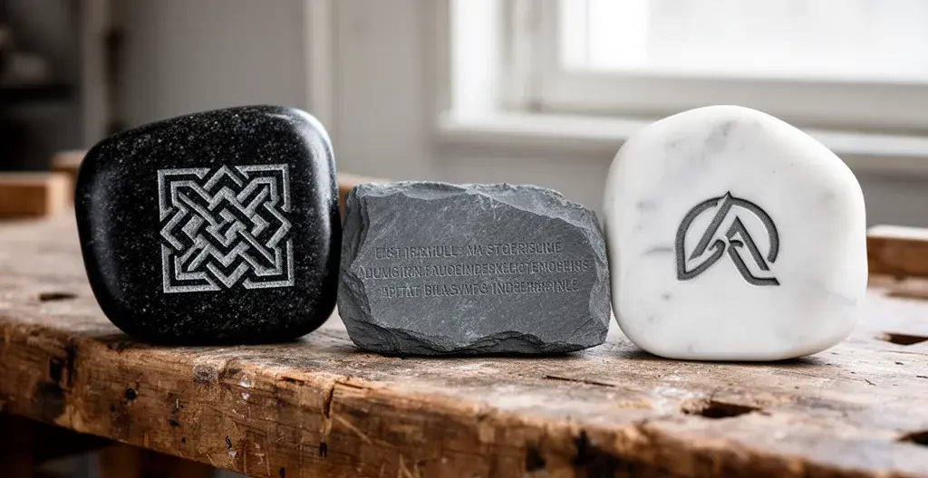 Échantillons de granit noir, ardoise grise et marbre blanc gravés au laser sur établi d'atelier