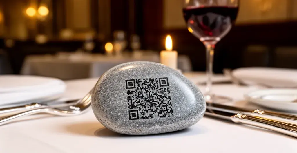 Galet poli avec QR code gravé au laser posé sur table de restaurant gastronomique