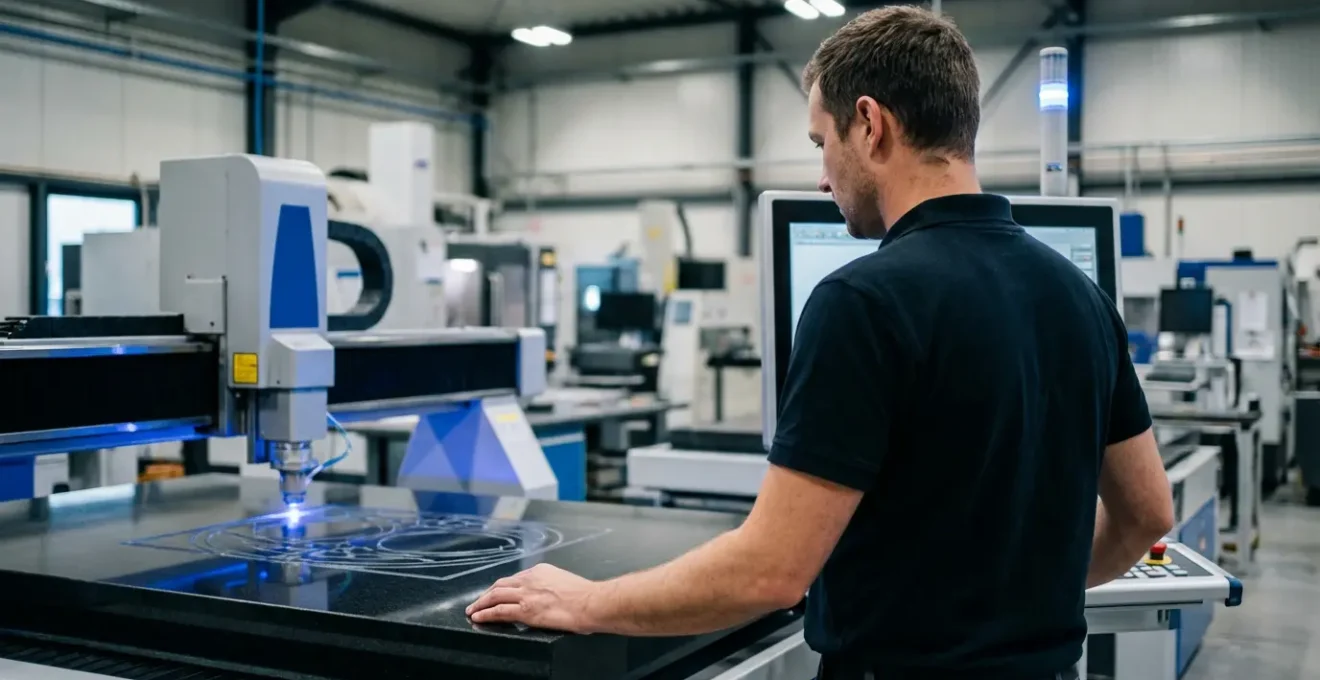 Technicien supervisant la gravure laser sur une plaque de granit noir en atelier industriel