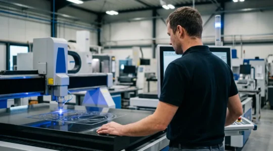 Technicien supervisant la gravure laser sur une plaque de granit noir en atelier industriel