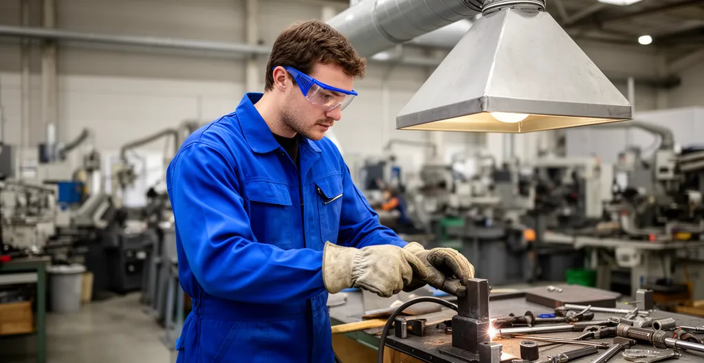 Technicien inspectant poste soudure équipé hotte aspirante en atelier industriel