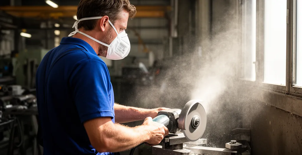 Opérateur travaillant sur machine avec particules visibles portant masque FFP