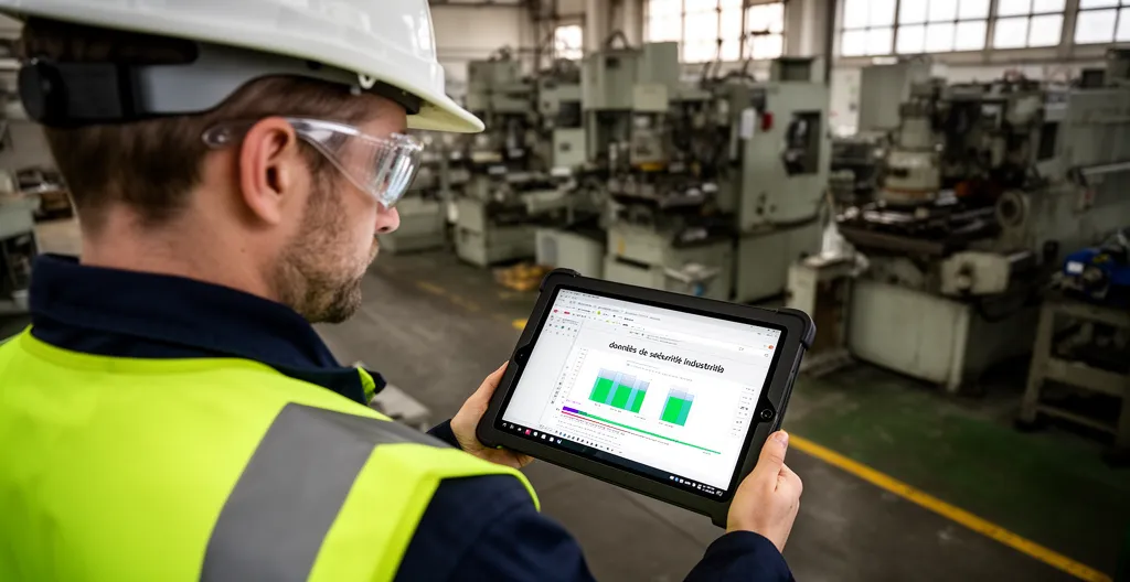 Responsable HSE consultant tablette devant équipement industriel