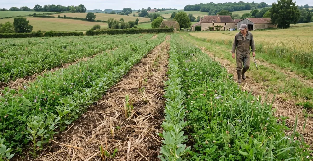 Parcelle agricole en agriculture de conservation avec couverts végétaux entre les cultures principales