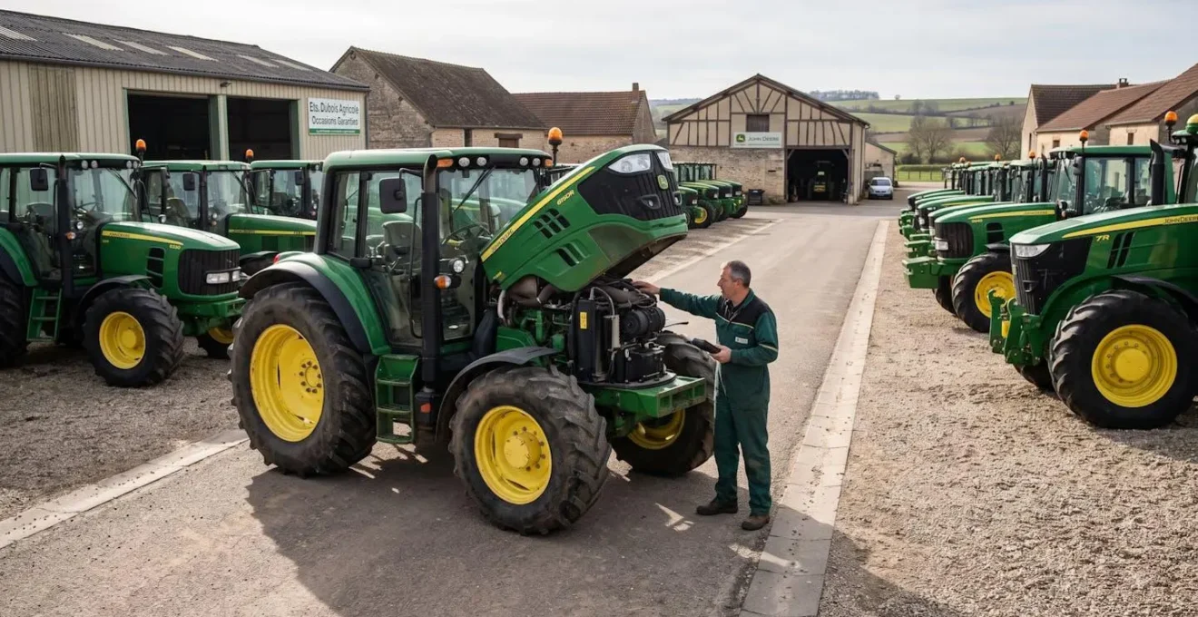 Technicien inspectant un tracteur John Deere d'occasion sur un site de concession agricole français