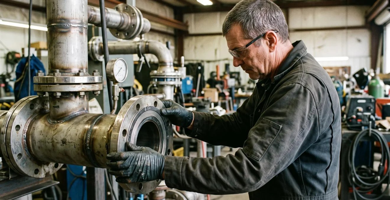 Technicien de maintenance industrielle en gants de protection inspectant un joint spiralé semi-métallique avant installation sur bride métallique lors d'une opération de remplacement