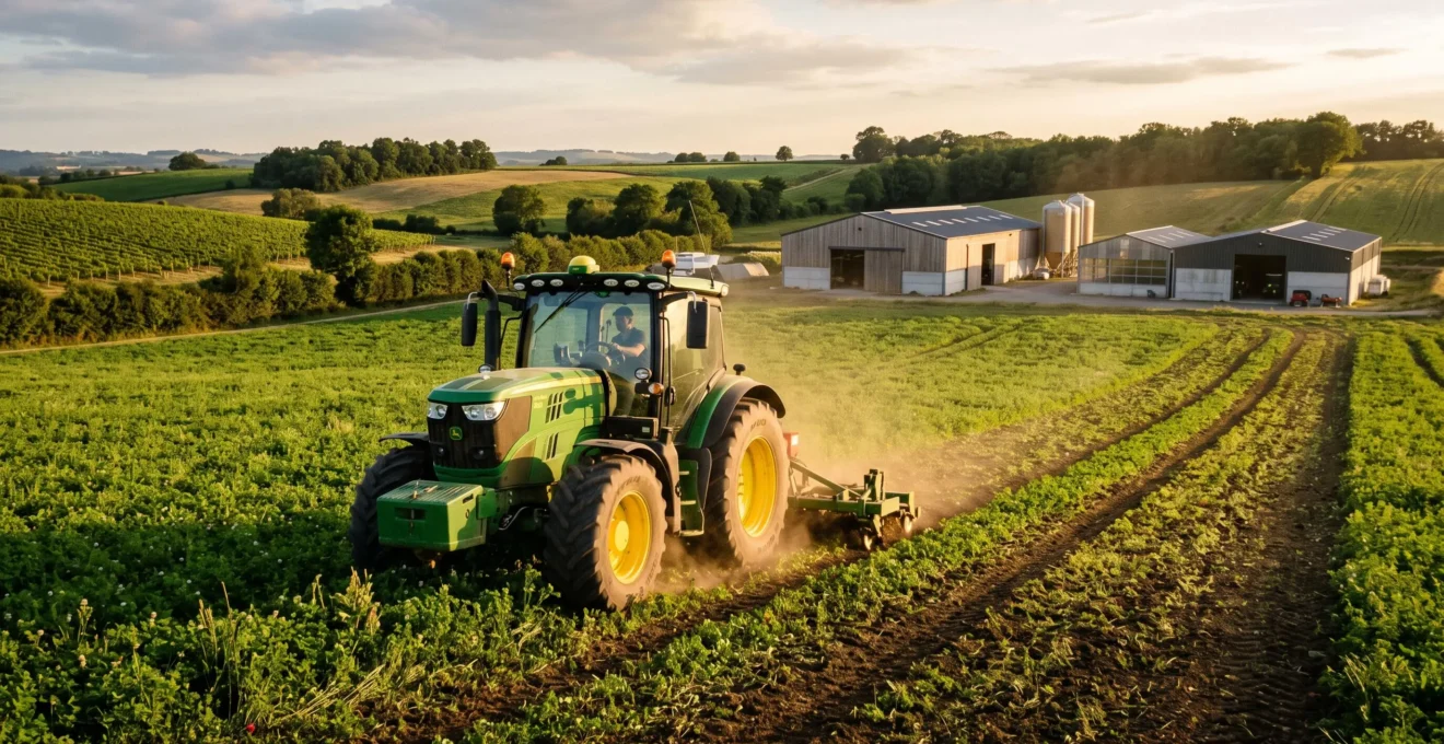 Tracteur moderne équipé de système GPS travaillant dans un champ avec couverts végétaux, exploitation agricole française contemporaine en arrière-plan