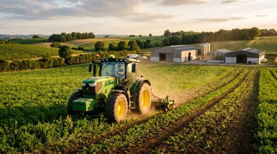 Tracteur moderne équipé de système GPS travaillant dans un champ avec couverts végétaux, exploitation agricole française contemporaine en arrière-plan