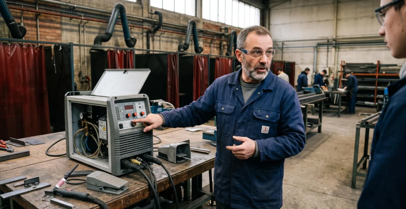 Formateur réglant les paramètres d'un poste à souder TIG AC/DC dans un atelier de formation.
