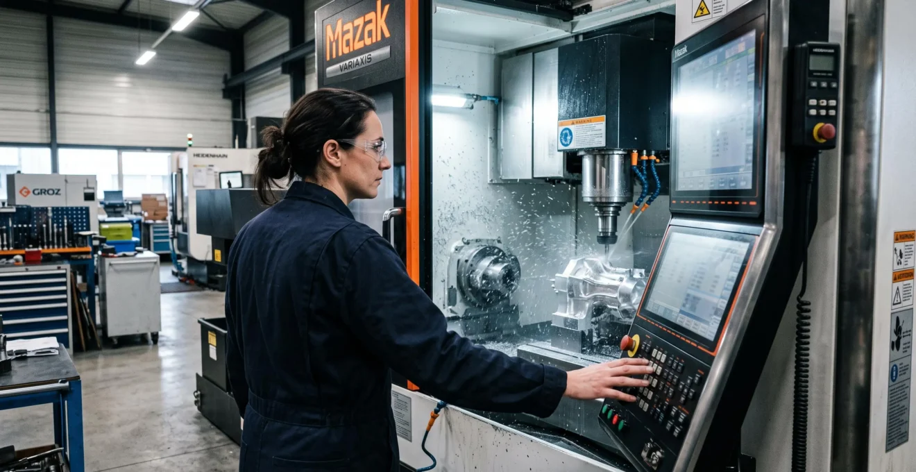 Un machiniste surveille l'usinage d'une pièce métallique dans un centre d'usinage CNC en atelier.