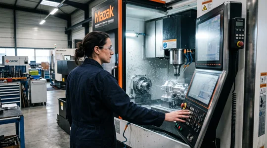 Un machiniste surveille l'usinage d'une pièce métallique dans un centre d'usinage CNC en atelier.
