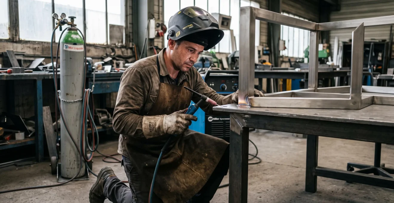 Soudeur inspectant un cordon TIG sur une structure en inox dans un atelier de métallerie.