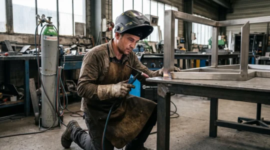 Soudeur inspectant un cordon TIG sur une structure en inox dans un atelier de métallerie.
