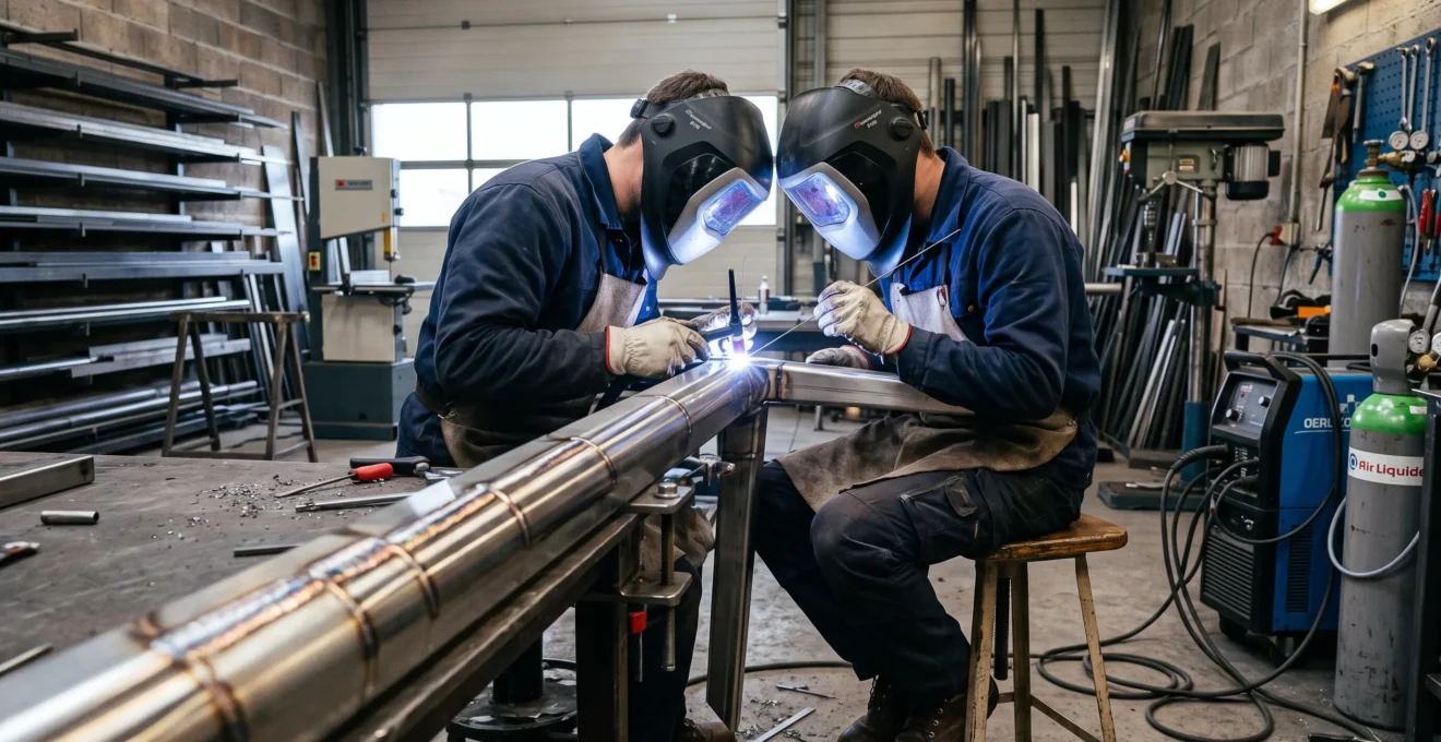 Soudeur réalisant une soudure TIG sur un pied de table en inox dans un atelier d'artisan métallier.