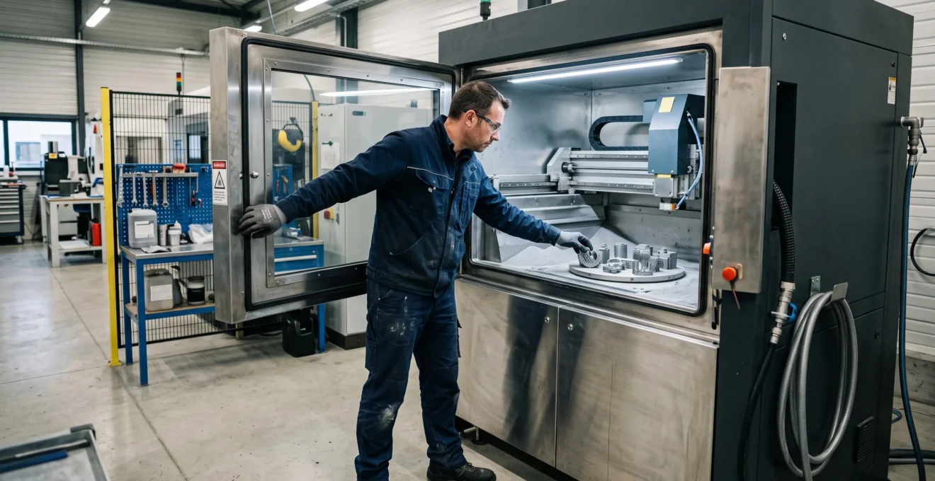 Un technicien inspecte des pièces métalliques imprimées en 3D sur le plateau d'une machine de fabrication additive.