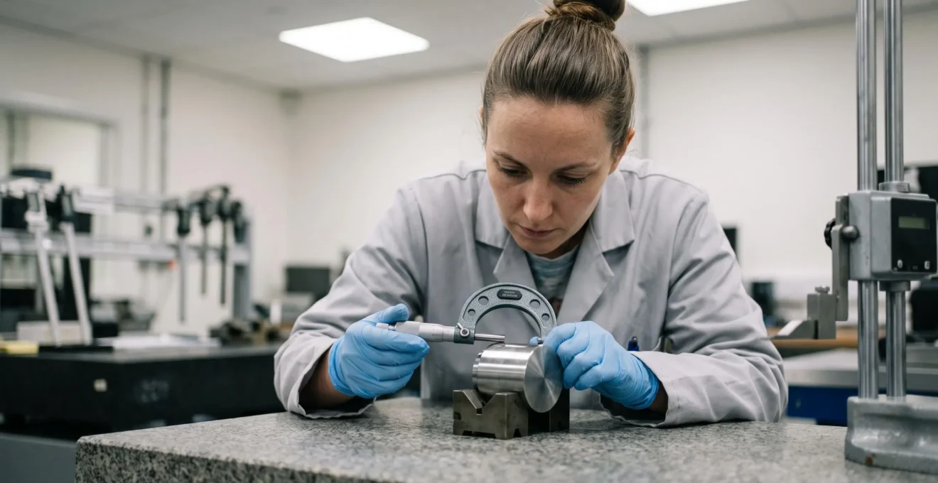 Une technicienne de contrôle mesure une pièce mécanique usinée avec un micromètre sur une table en granit.