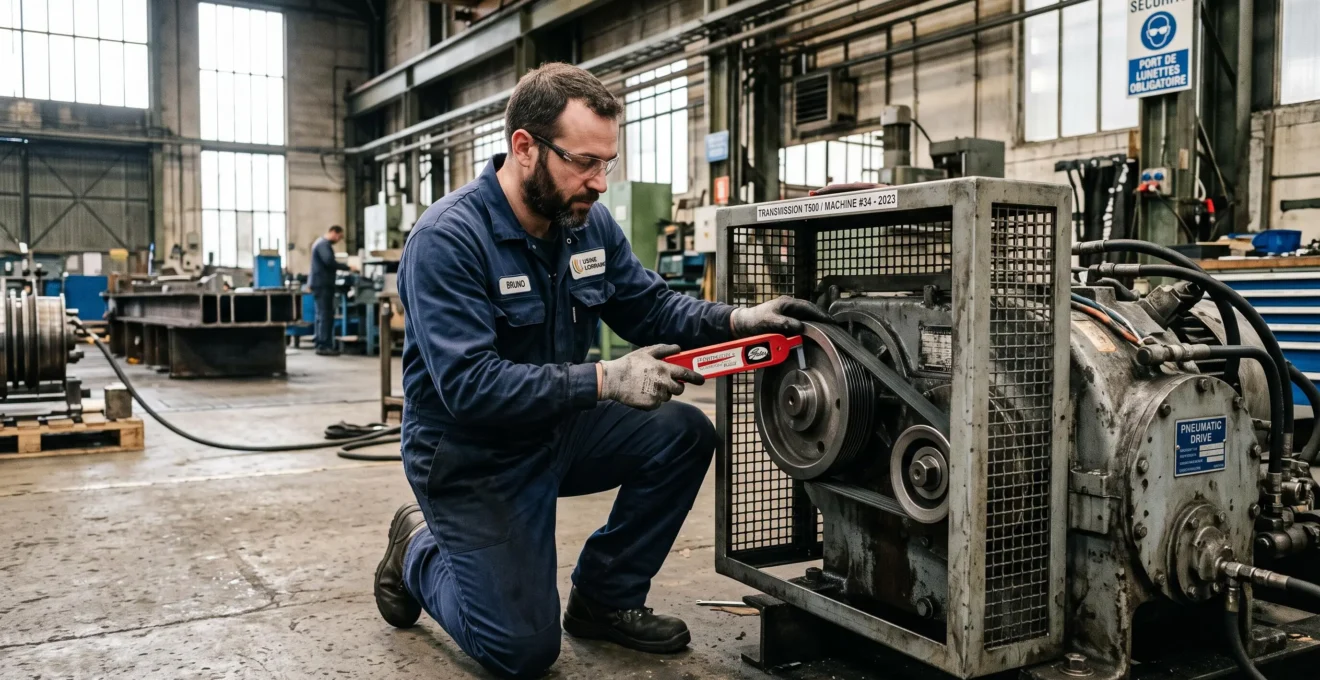 Un technicien contrôle la tension d'une courroie Poly-V sur une transmission industrielle.