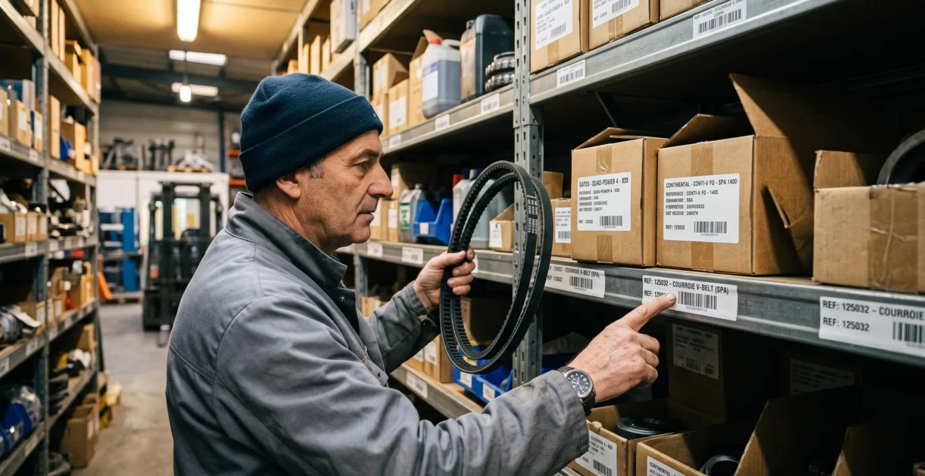 Un magasinier vérifie une référence de courroie sur un rayonnage de pièces industrielles.