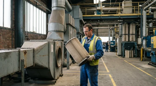 Un technicien inspecte une cartouche filtrante dans une usine française.